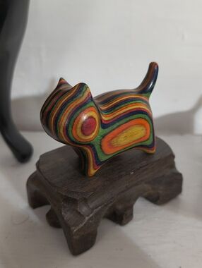 Wooden Miniature hand carved cat statue figurine kitty Multi color, tail up